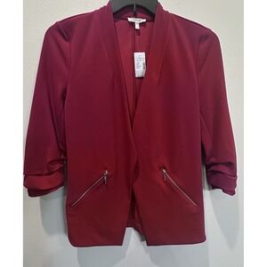 NWT‎ MAurices Sz S Open Front Stretch Blazer Jacket Red Zipper Career 3/4 Sleeve
